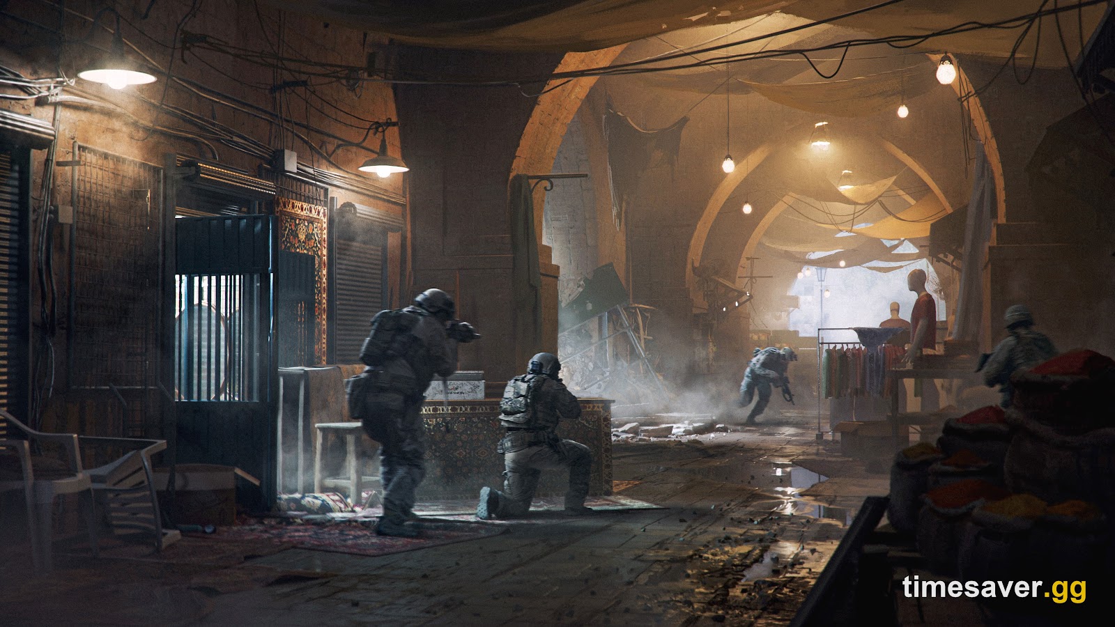 Battlefield 6 soldiers advancing through a covered stone bazaar filled with rugs, market stalls and hanging bulbs
