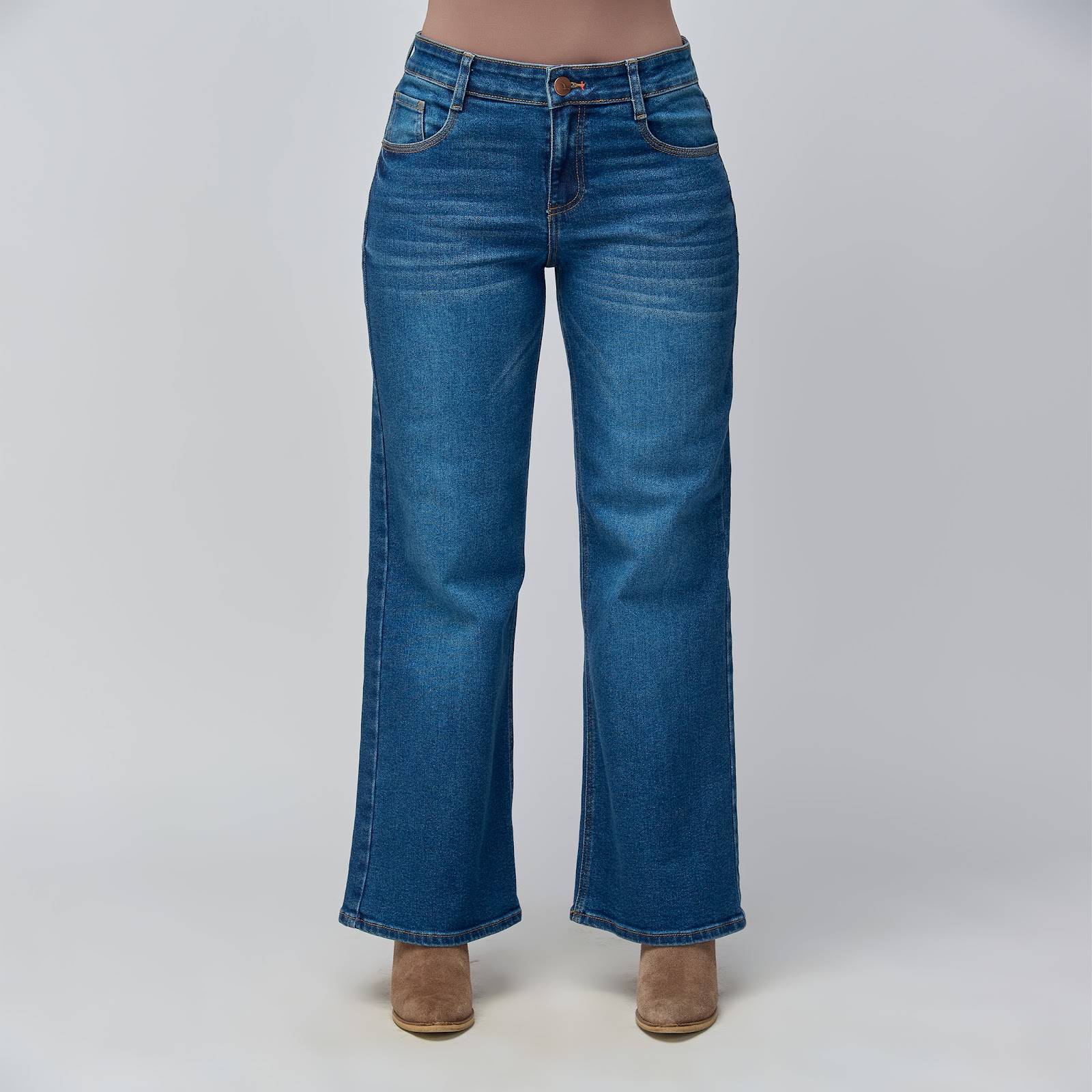 Jean vaquero flare tiro medio en denim licrado, color azul oscuro - Vista 7