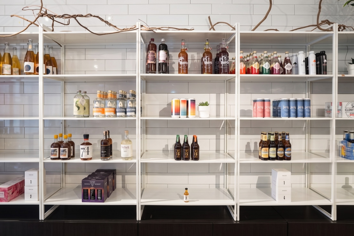 A non-alcoholic retail shelf
