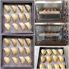 Bạn cho bánh đã làm vào khay nướng chống dính hoặc lót giấy nến. Bạn dùng dao rạch 2 đường trên chiếc bánh. Sau đó cho khay bánh vào lò nướng, nướng ở 180 độ C trong 25-30 phút là được hoặc cho đến khi bánh chuyển màu vàng nâu.