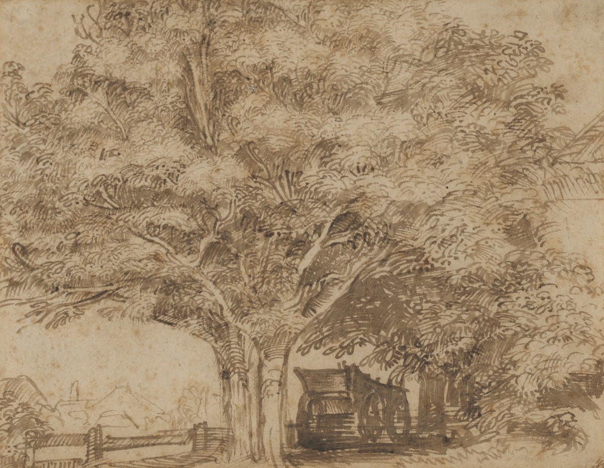 A haywain under trees with farm buildings to the right and beyond at left