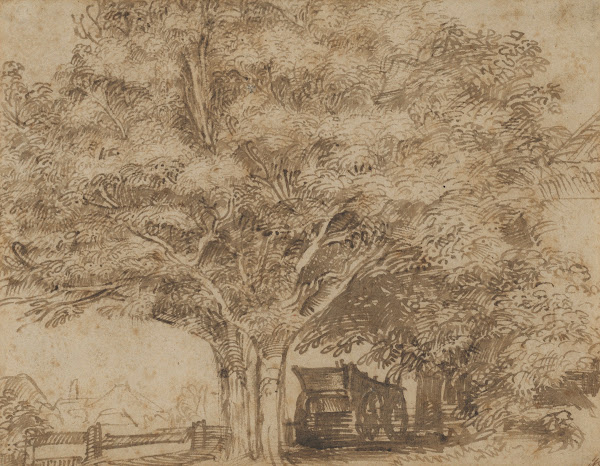 A haywain under trees with farm buildings to the right and beyond at left