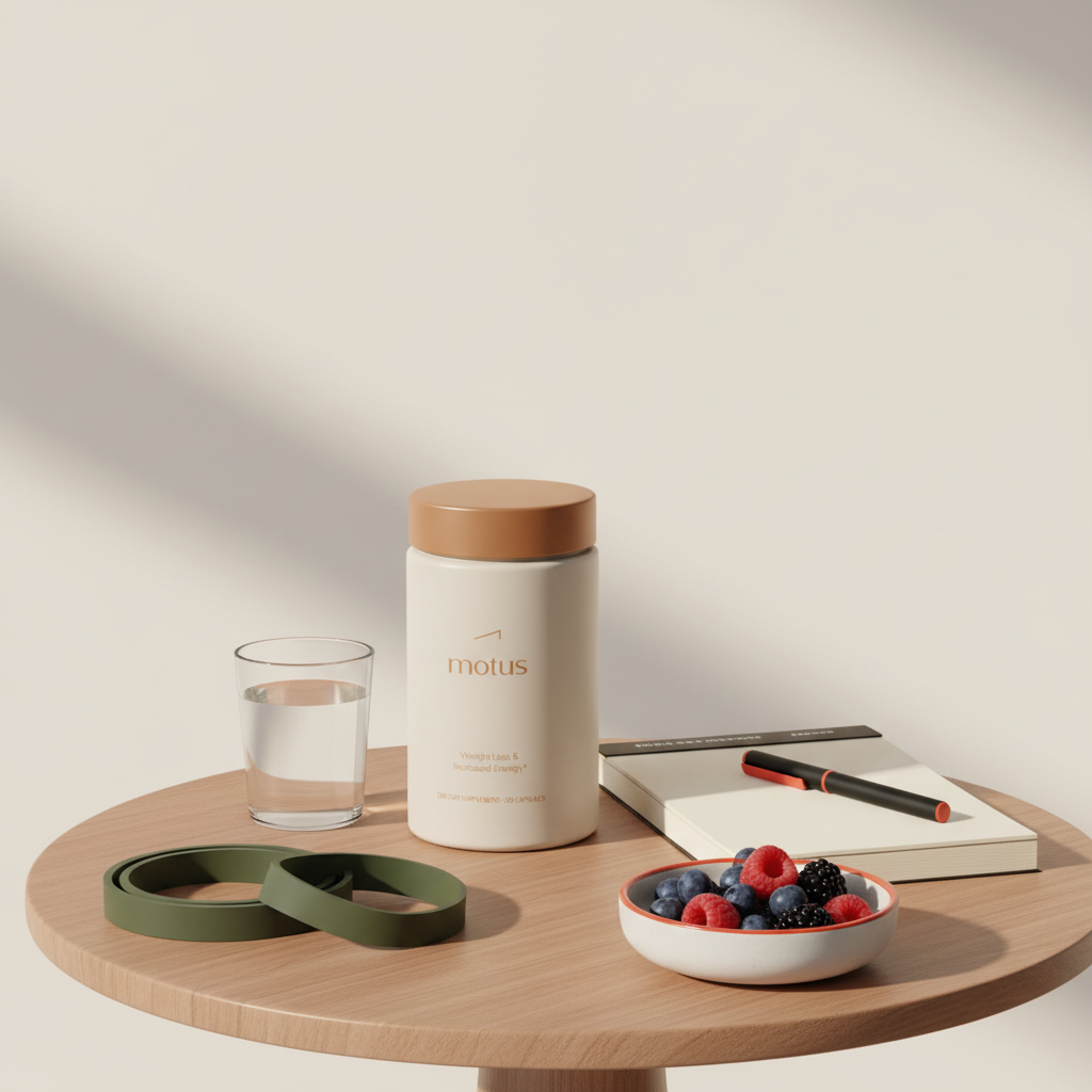 Motus supplement jar on a small wooden table with journal, pen, glass of water, resistance bands and bowl of berries in a minimalist scene to lose weight without Ozempic
