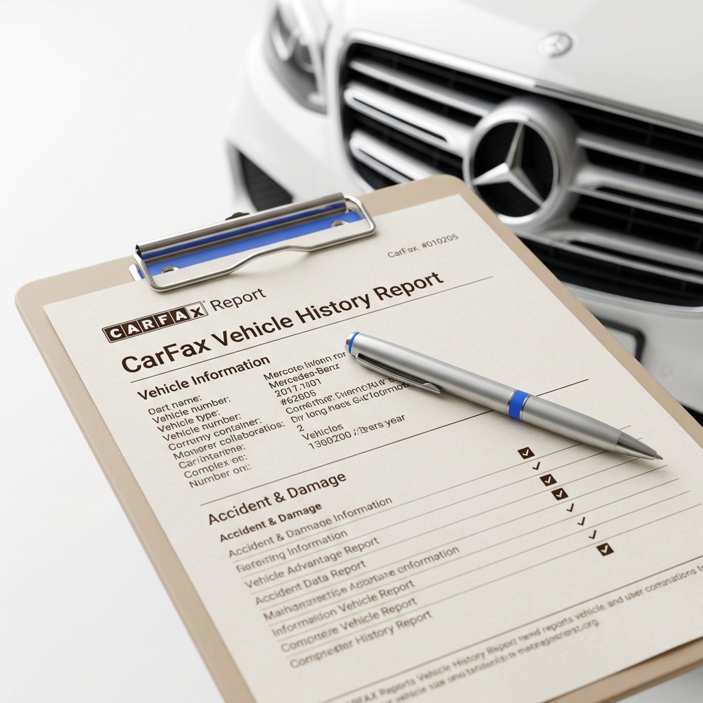Close up of a vehicle history report on a clipboard with a pen and a blurred Mercedes grille in the background used mercedes for sale