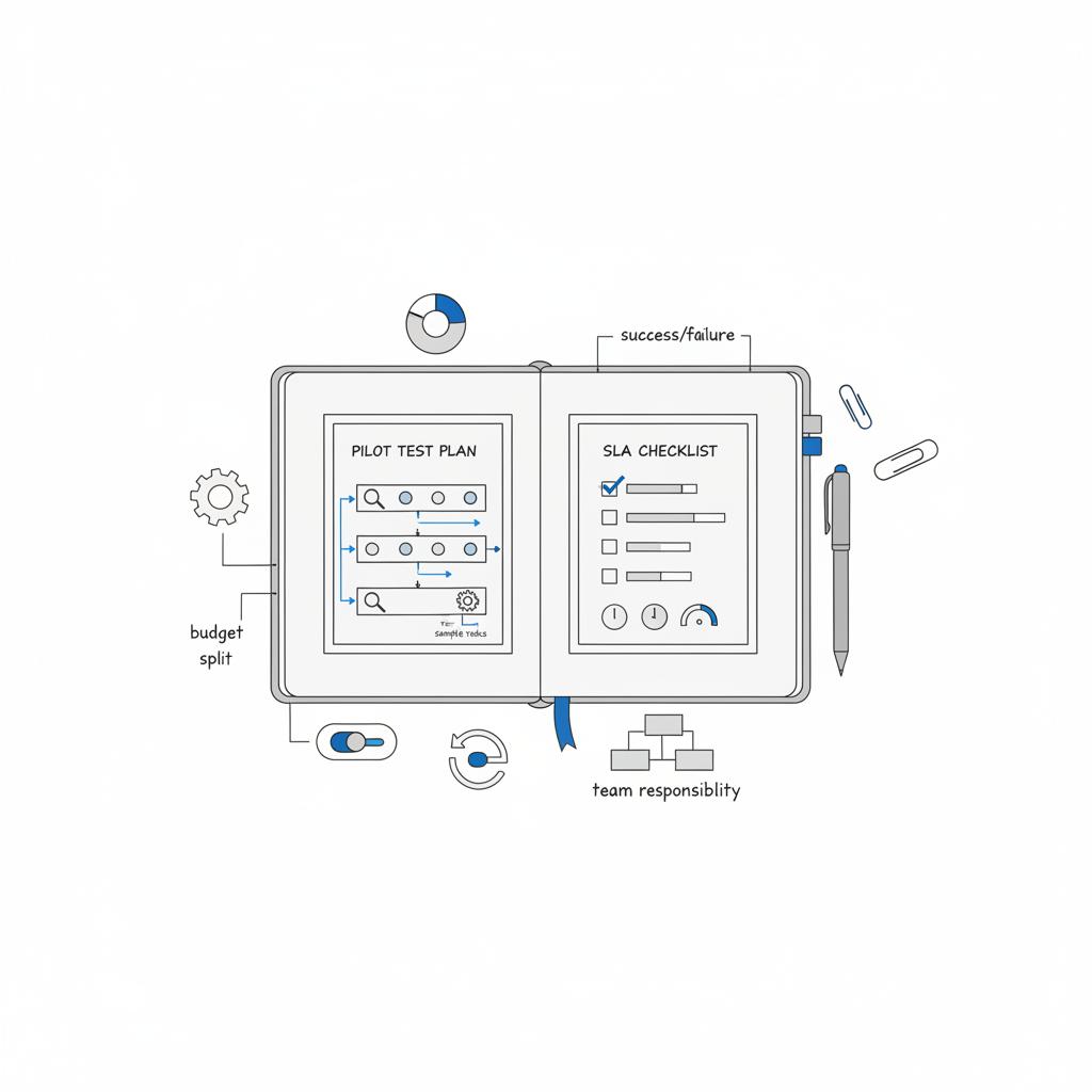 Overhead 2D vector of an open notebook showing pilot test plan and SLA checklist sketches with a pen and paper clips, minimalist design focused on lead generation cost