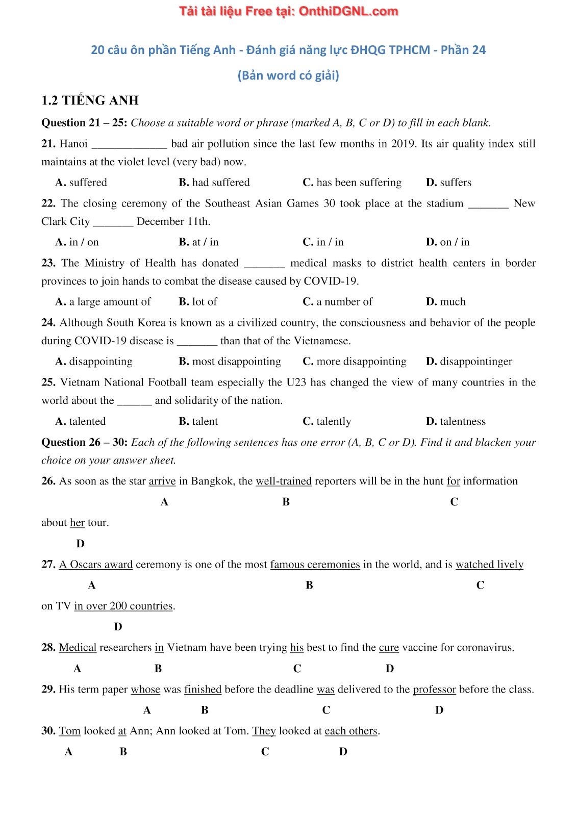 800 bài tập môn Tiếng Anh - Ôn thi ĐGNL ĐHQG TP HCM Phần 24