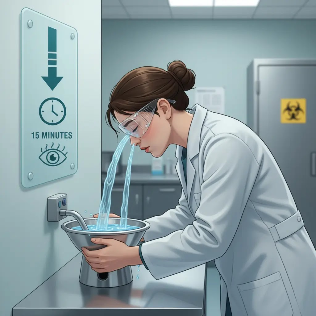 Berapa lama mata harus dibilas di eyewash station setelah terkena bahan kimia?