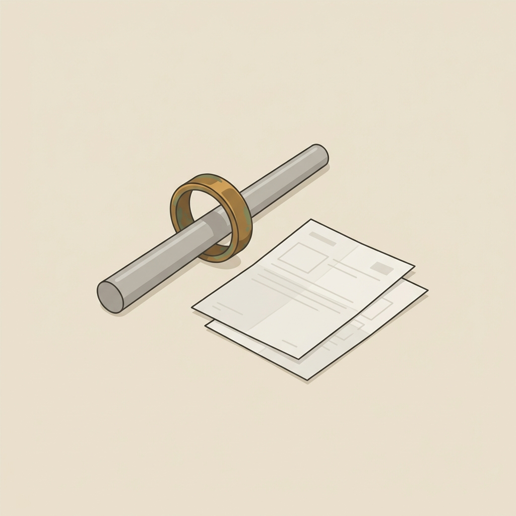Minimalist 2D vector of a late roman bronze ring on a mandrel beside blank provenance and condition sheets on warm beige background