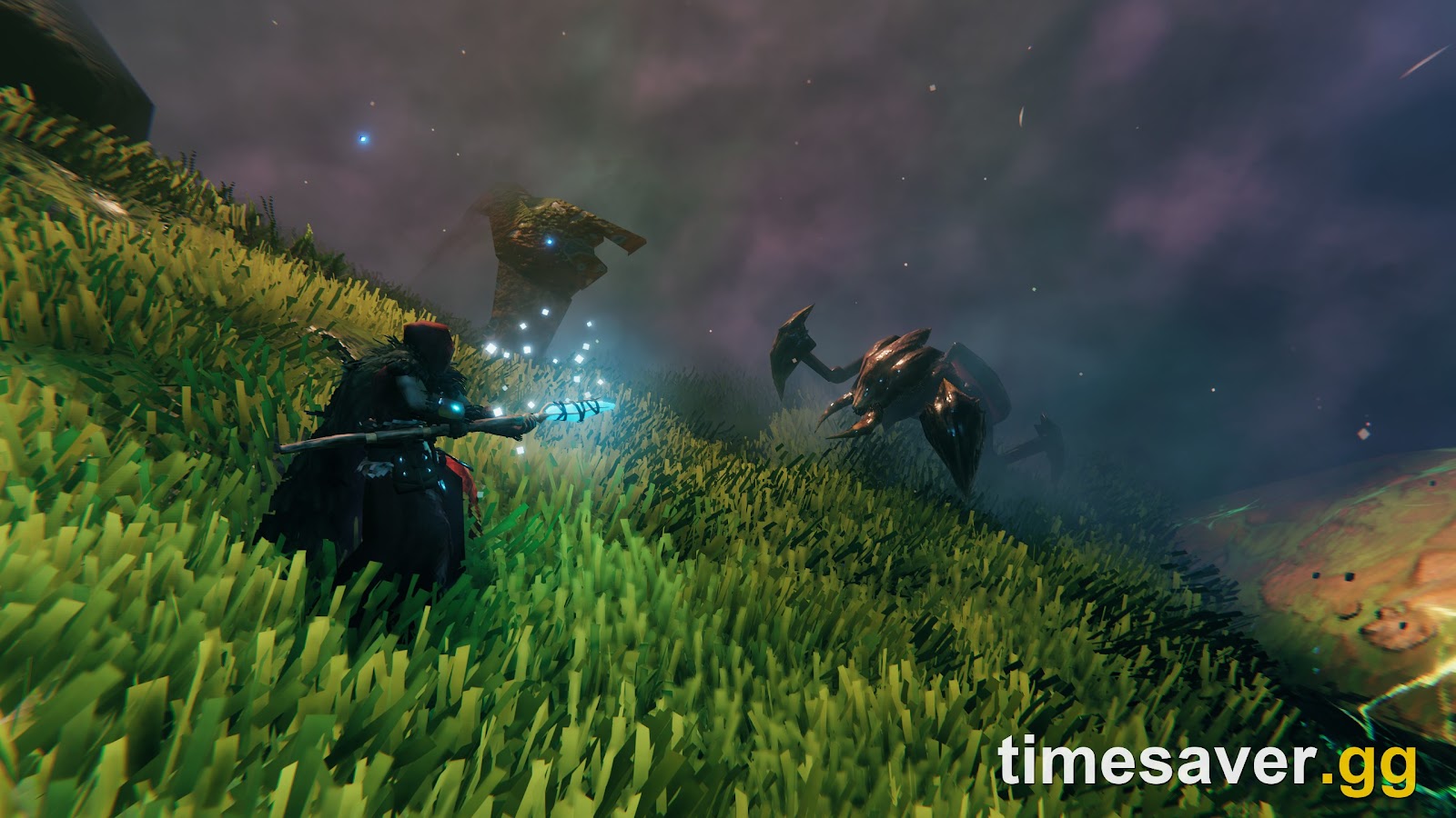 A Valheim player casting a blue frost staff projectile at a Seeker enemy in the Mistlands