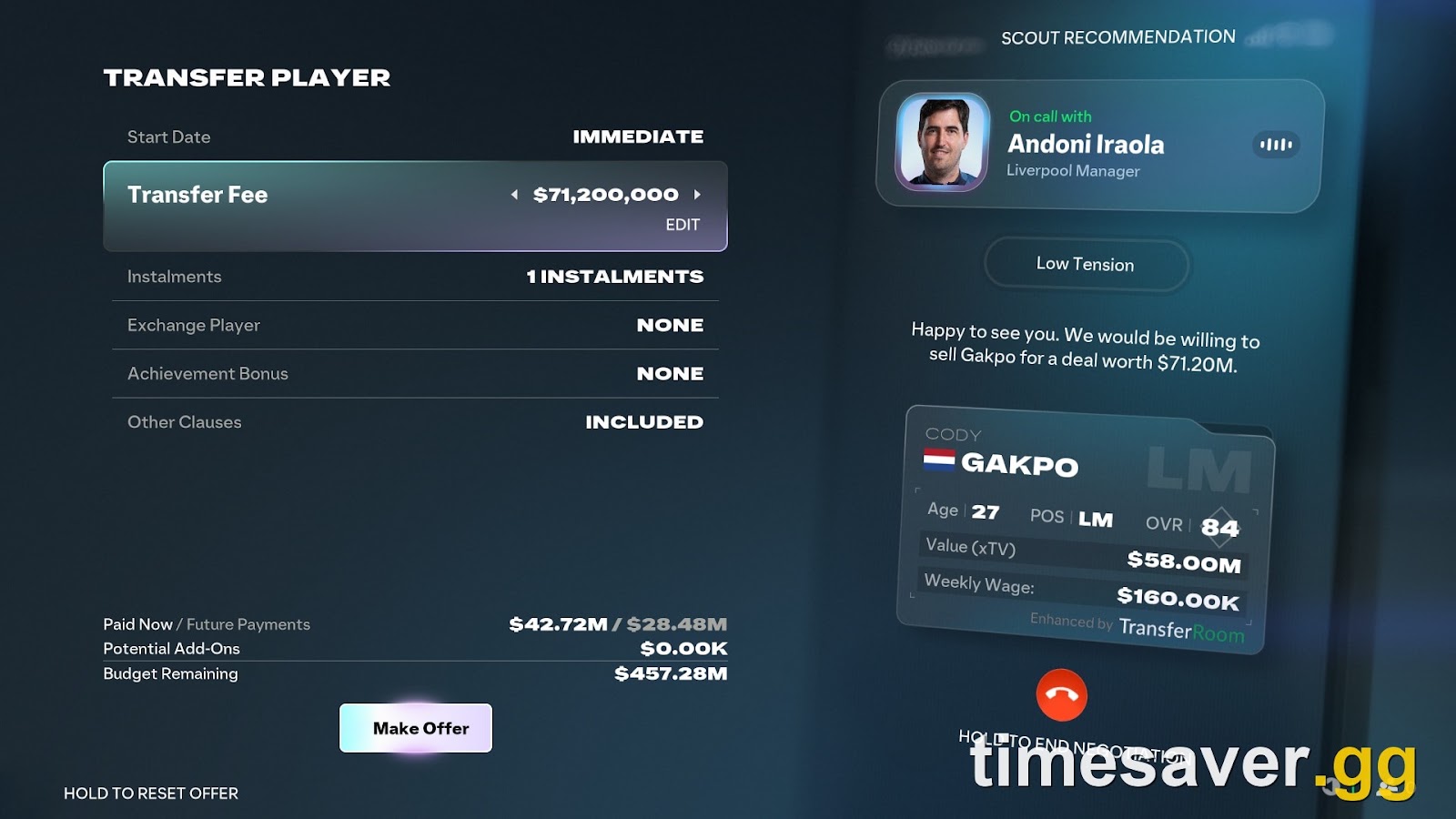 An EA SPORTS FC Career Mode transfer negotiation screen, on a call with a selling club's manager over a transfer fee