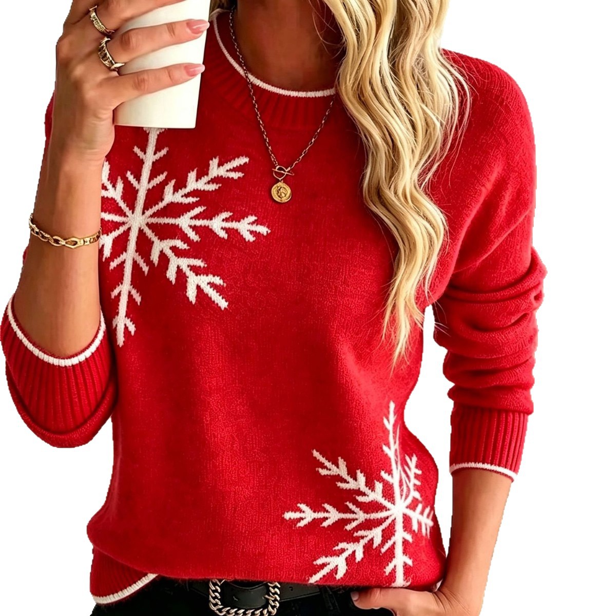 Knitted sweater with snowflake pattern, round neckline