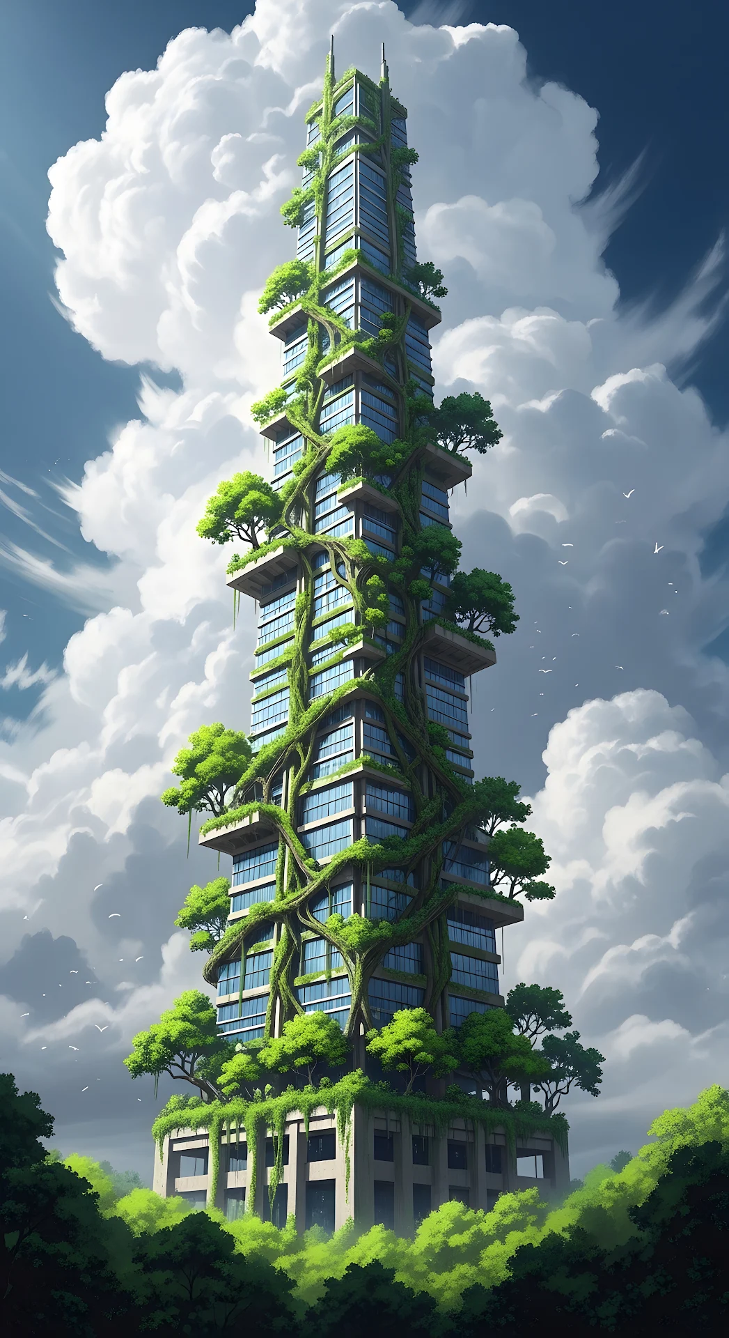 Solarpunk Skyscraper Reclaimed by Lush Green Vines - Free 4K mobile Wallpaper