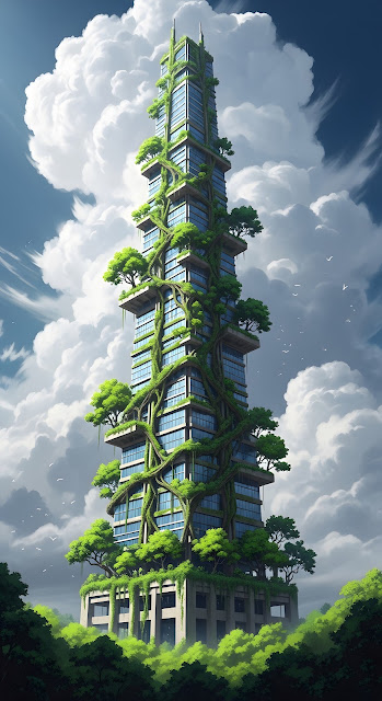Solarpunk Skyscraper Reclaimed by Lush Green Vines - Free mobile Wallpaper