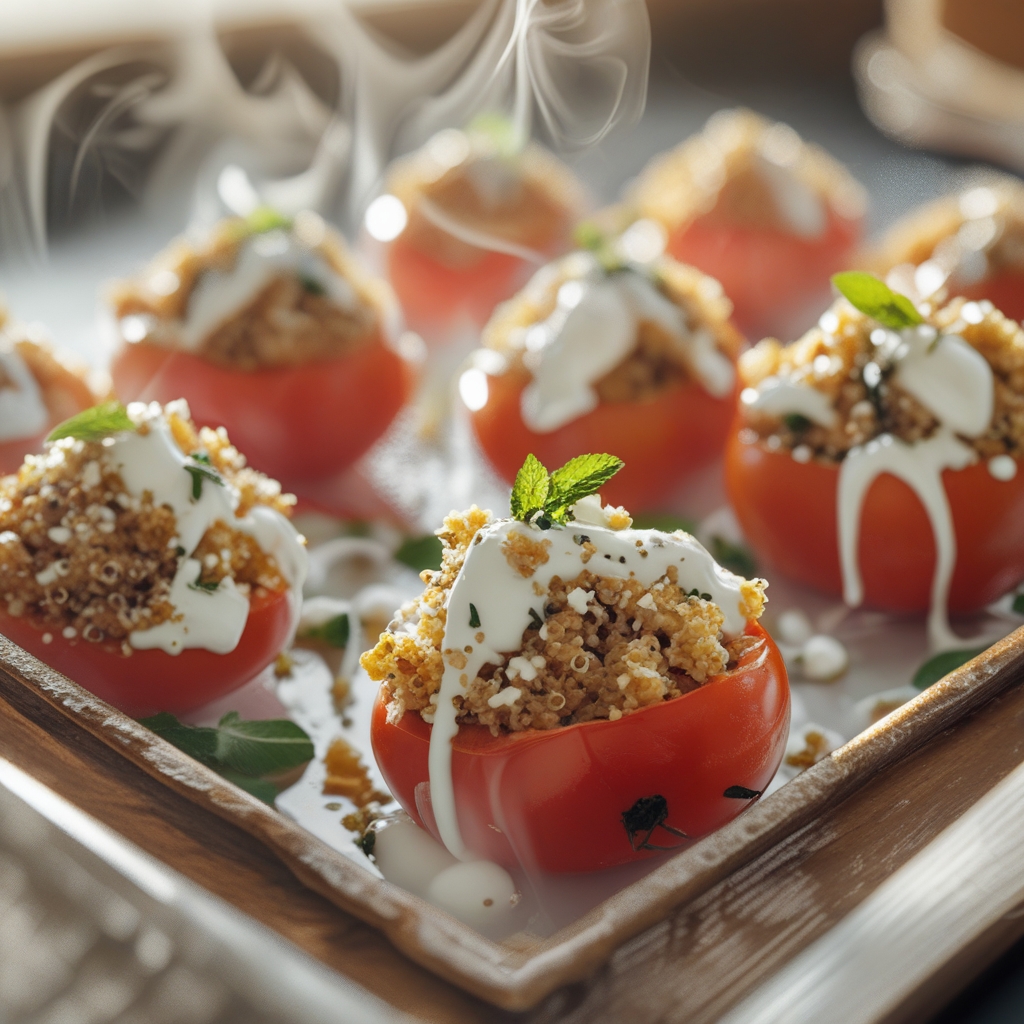 Moroccan-Spiced Turkey & Quinoa Stuffed Tomatoes with Mint Yogurt Drizzle