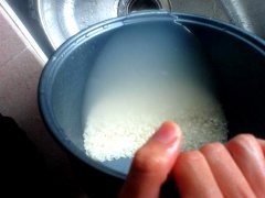 Đầu tiên bạn vo gạo và nấu cơm. Thêm 1 muỗng cà phê muối vào gạo khi nấu nhé.
