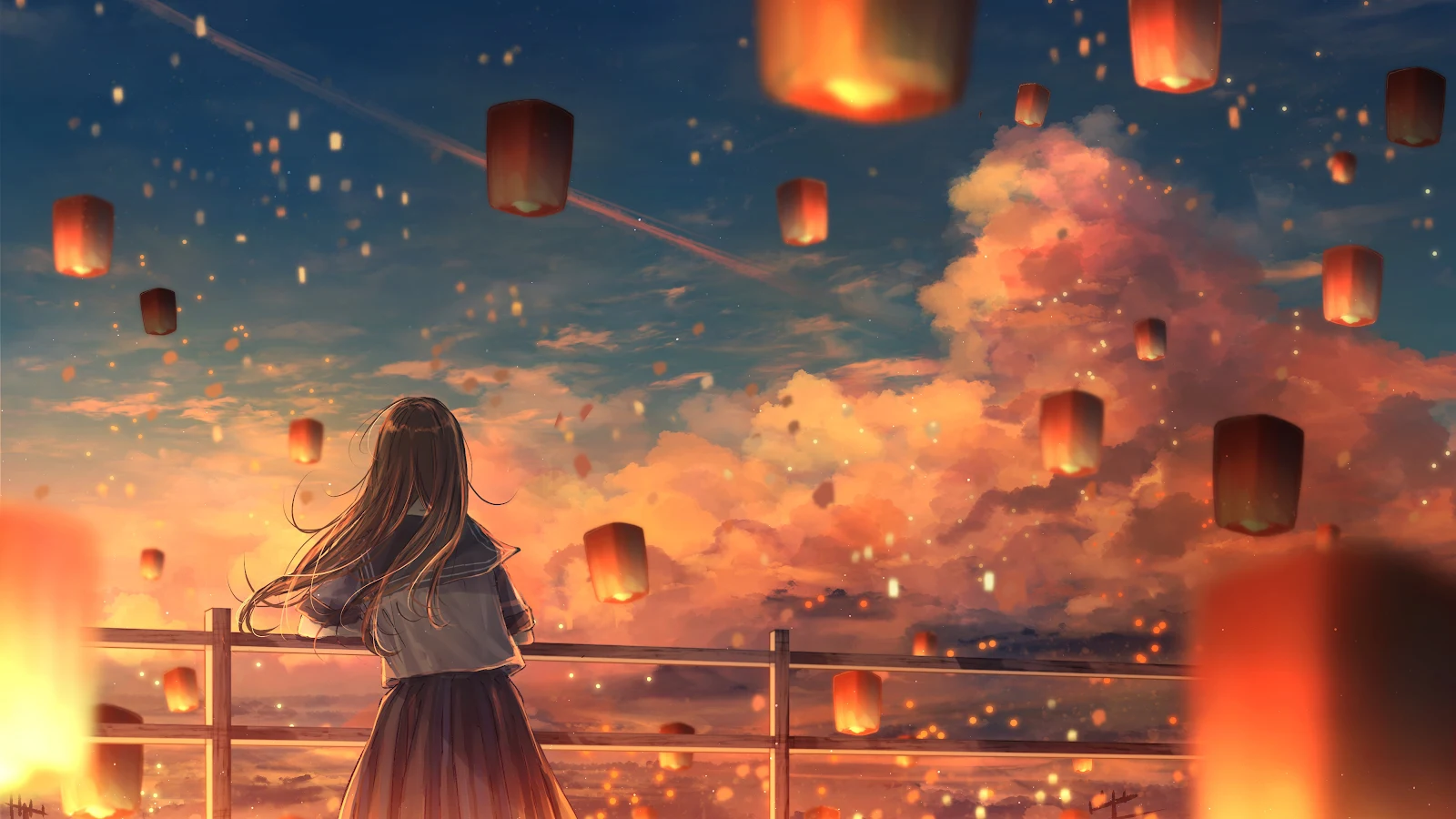 Anime, Anime Girls, Sunset, Sky Lanterns, Night Lanterns 4K Desktop Wallpaper