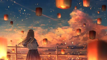 Anime, Anime Girls, Sunset, Sky Lanterns, Night Lanterns 4K Wallpaper Background