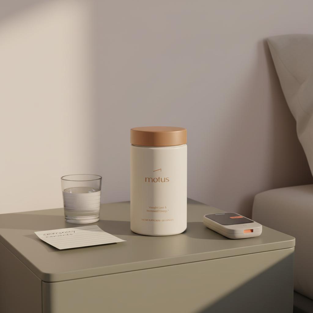 Minimal bedside scene with Tonum Motus container, glucose meter, glass of water and folded emergency contacts note — how to lower blood sugar quickly