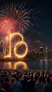 Crowd Celebrates with Fireworks Forming Number 18