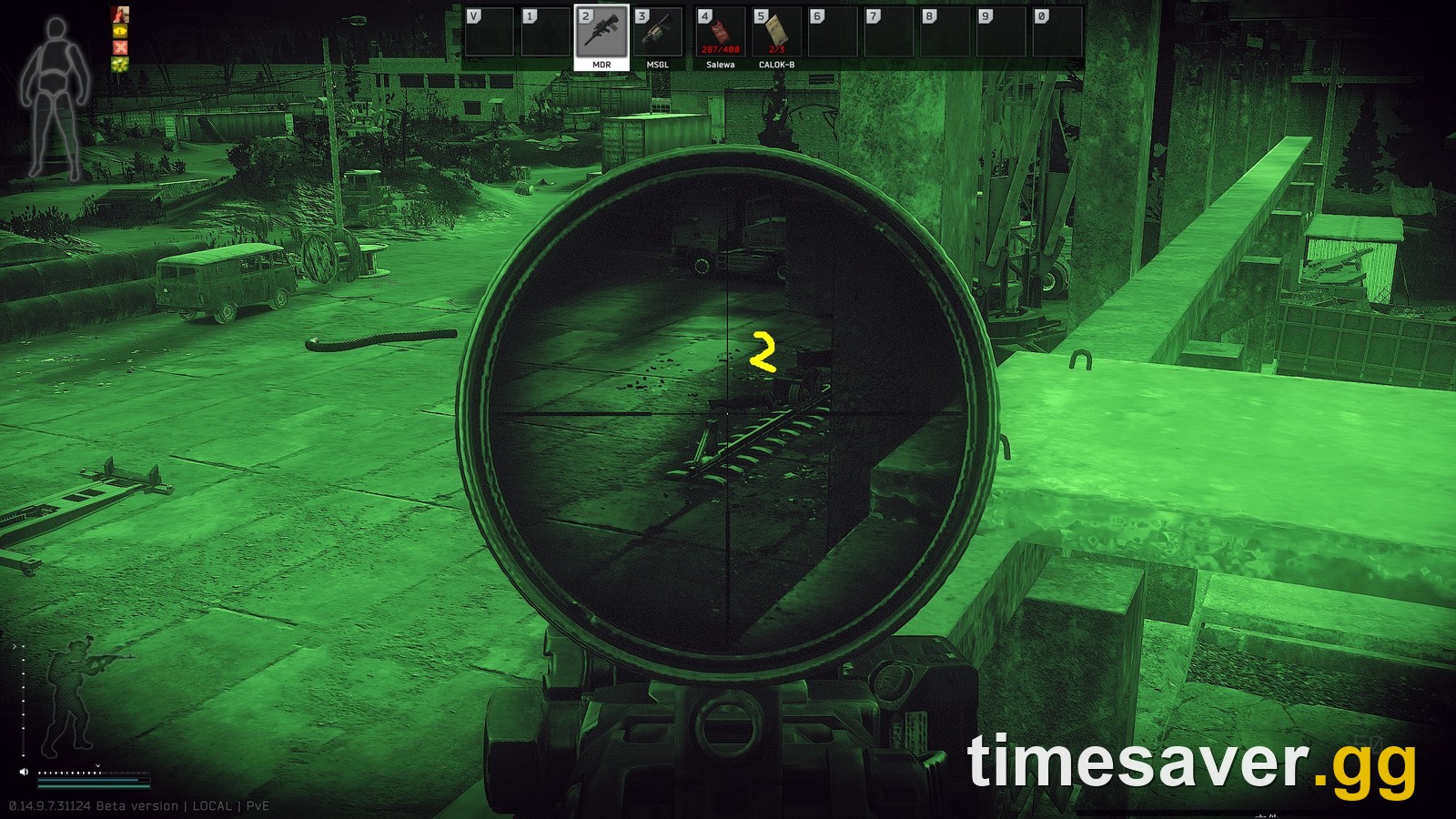 Night raid on Customs viewed through NVGs — the Cultist Priest and his warriors only spawn after dark, which is why they are so easy to walk past.