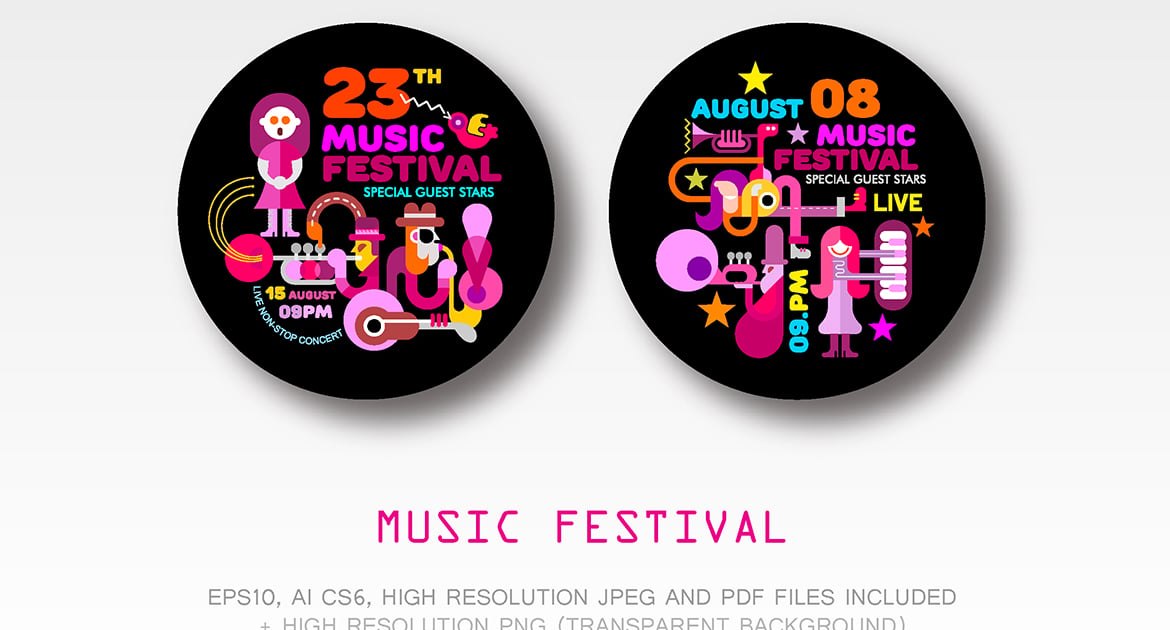 Music Festival round flyer designs (2 options) Free Download – Envato Elements