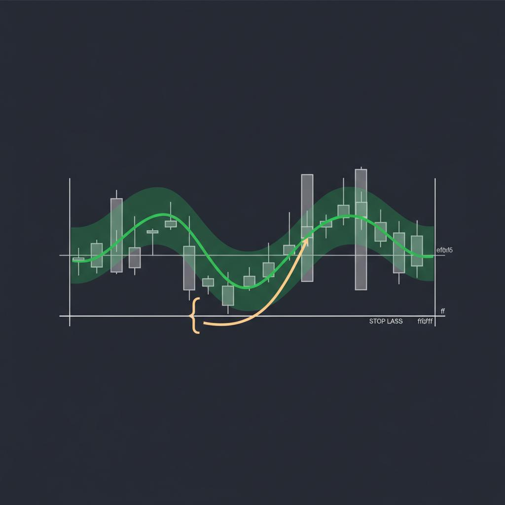 Minimal 2D vector price chart showing a stop loss level with ATR band and highlighted stop distance in Finance Police colors 1 percent rule in crypto