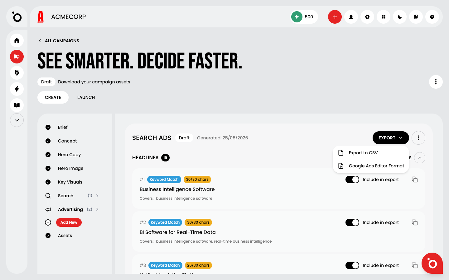 The Export dropdown showing Export to CSV and Google Ads Editor Format
