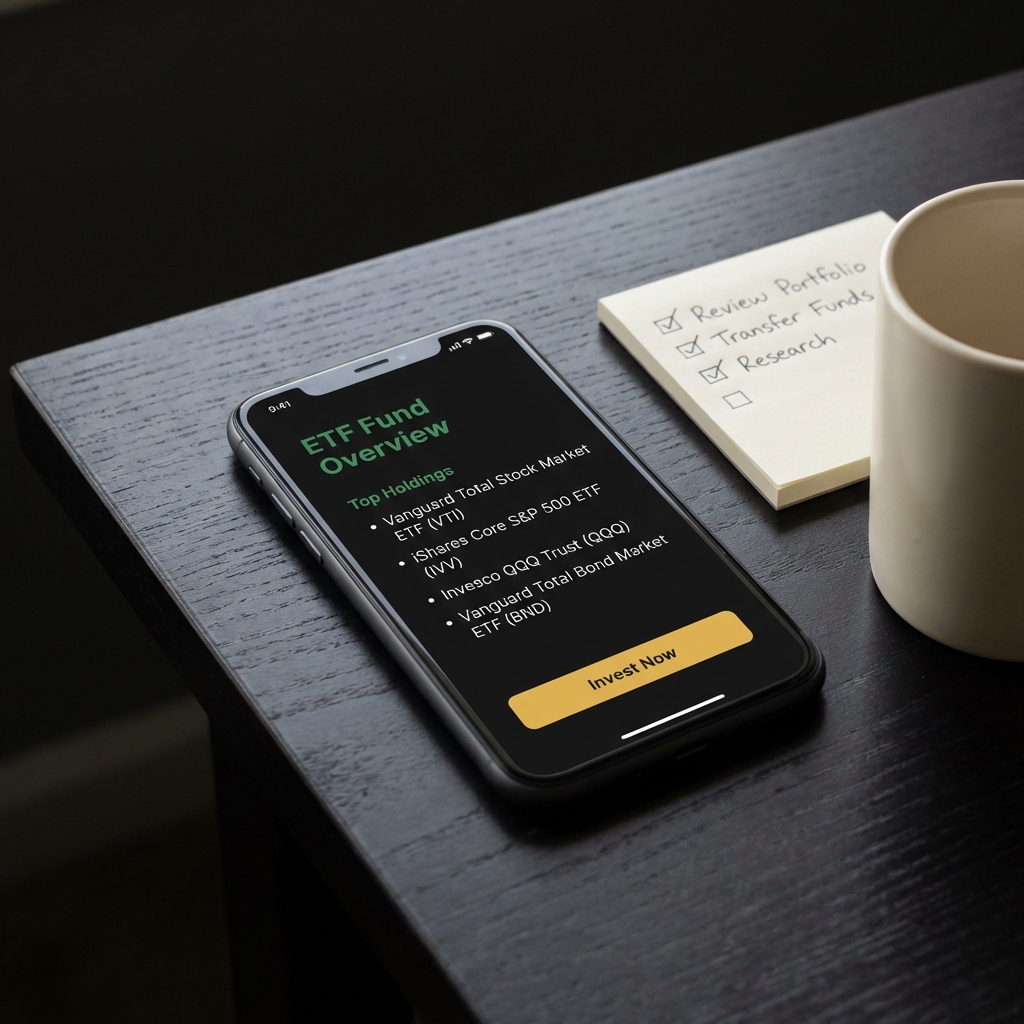 Close up smartphone displaying an ETF fund screen next to a notepad checklist and coffee cup on a dark desk in Finance Police brand colors highlighting good passive income investments