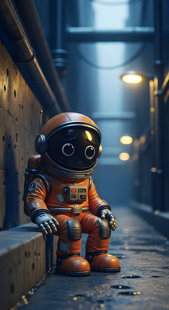 Chibi Astronaut Sitting Alone in Dark Industrial Alleyway