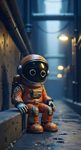 Chibi Astronaut Sitting Alone in Dark Industrial Alleyway