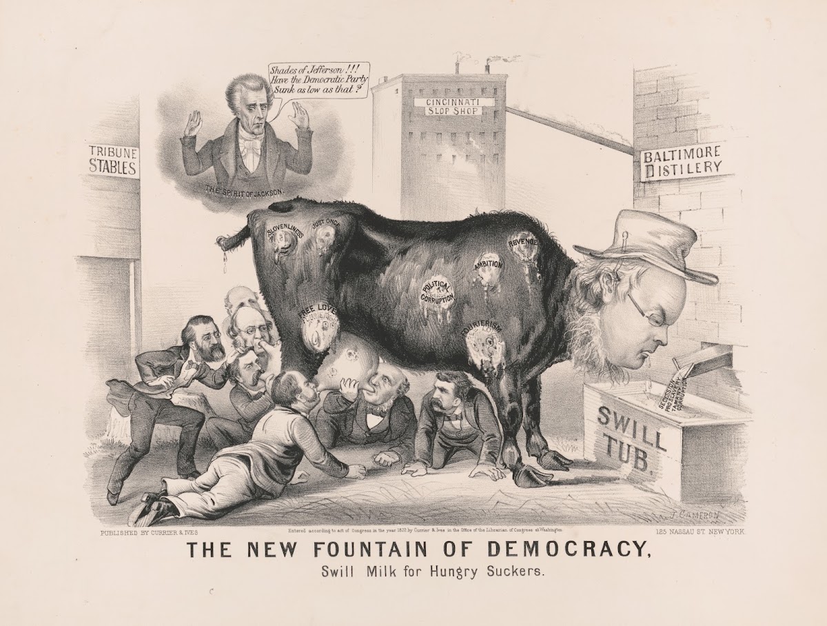 The new fountain of democracy swill milk for hungry suckers 1872