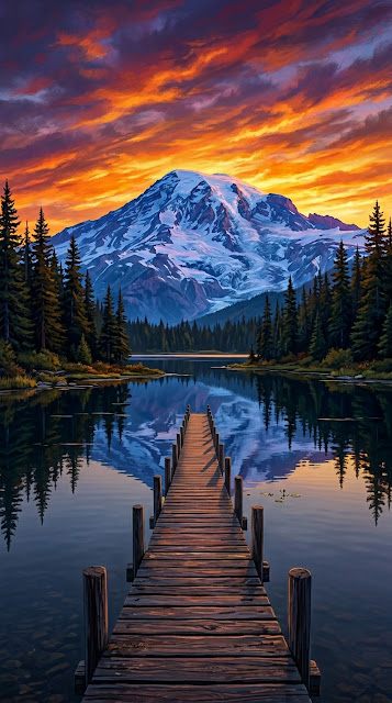 Wooden Pier on a Calm Lake with Snowy Mountain at Sunset - Free mobile Wallpaper