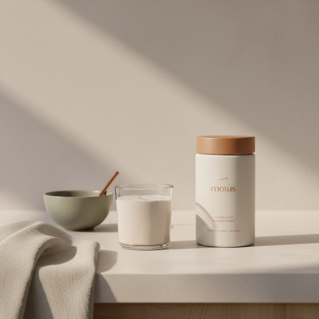 Tonum Motus container beside a small protein shake glass and folded linen napkin on a neutral kitchen counter in soft natural light — when to start protein shakes after gastric sleeve