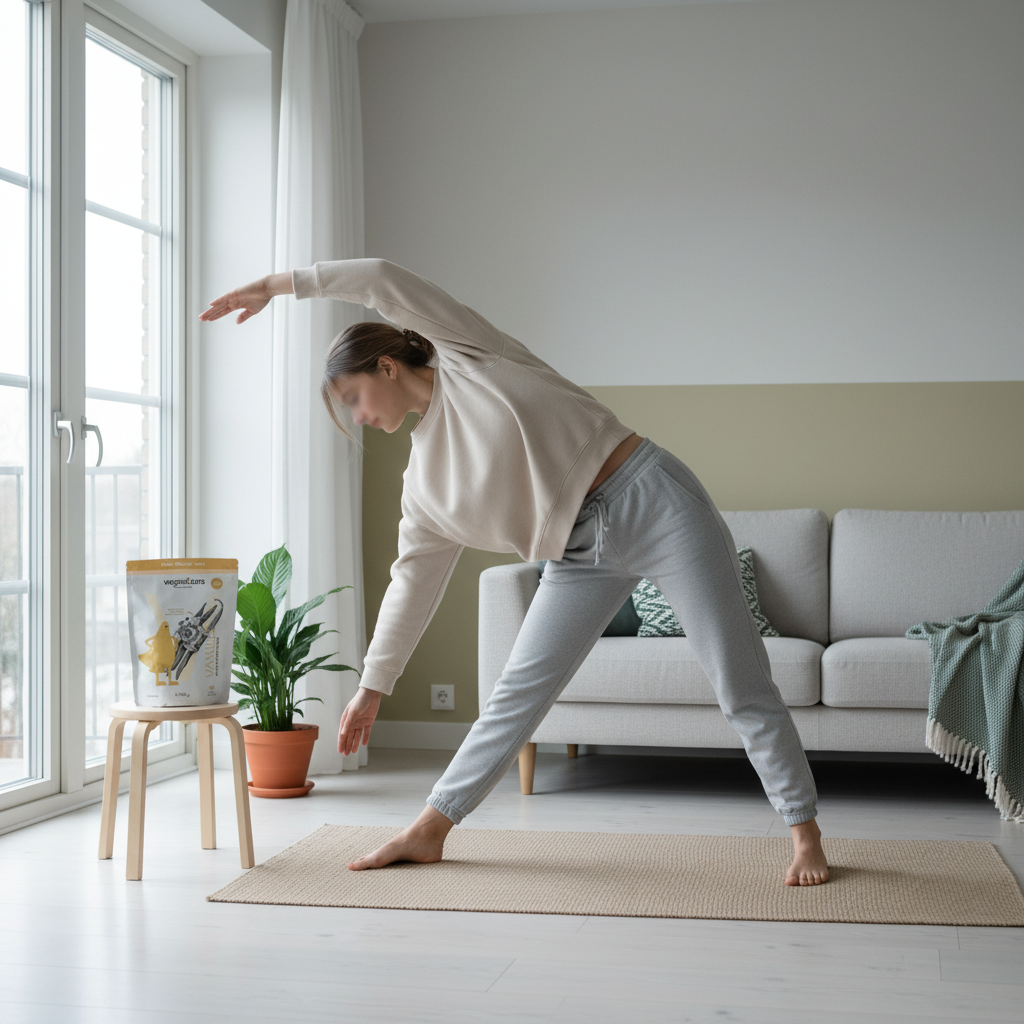 Helles, skandinavisches Wohnzimmer mit Yogamatte und Person im Winterlicht, Produkt aus Referenzfotos dezent platziert – Motivation steigern