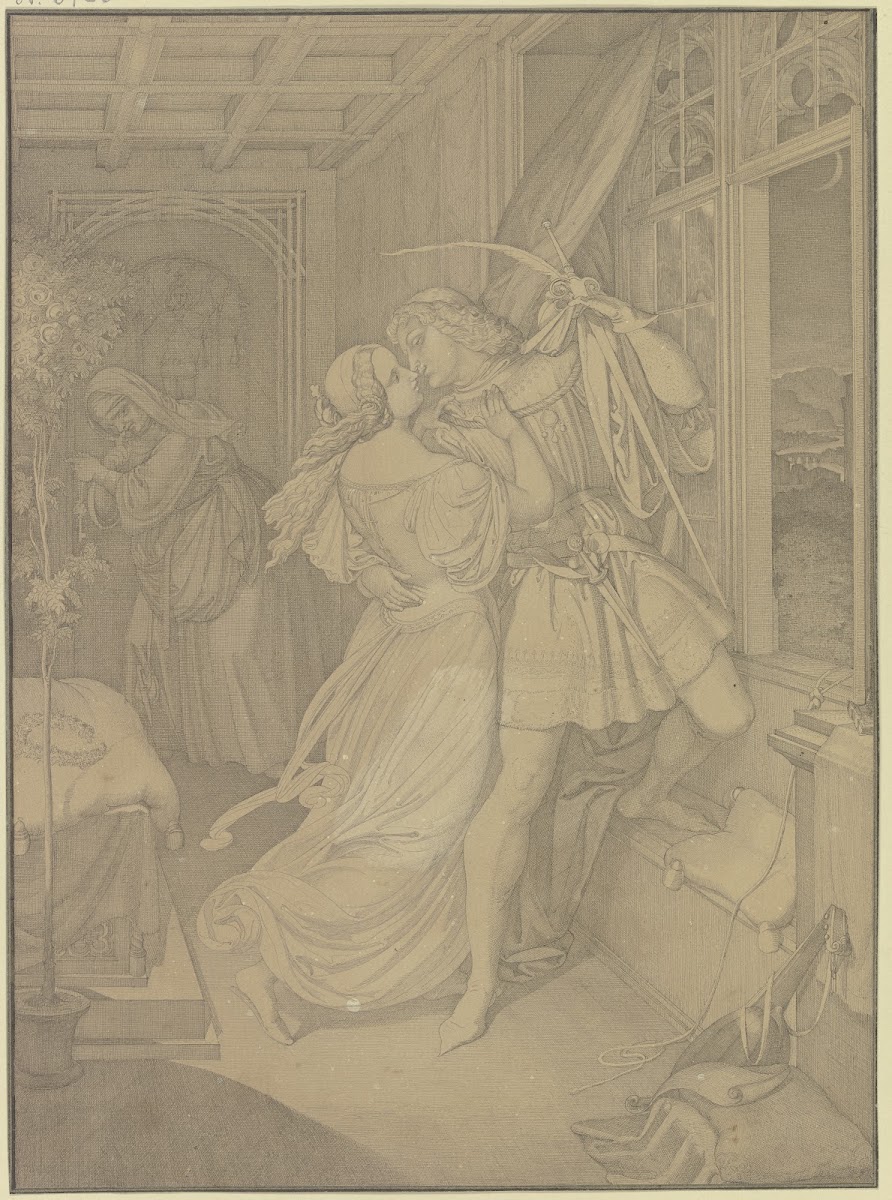 Romeo im Zimmer der Julia steigt zum Fenster hinaus