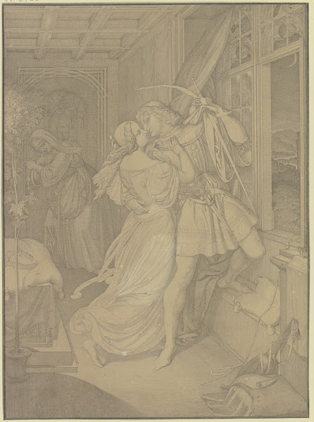 Romeo im Zimmer der Julia steigt zum Fenster hinaus