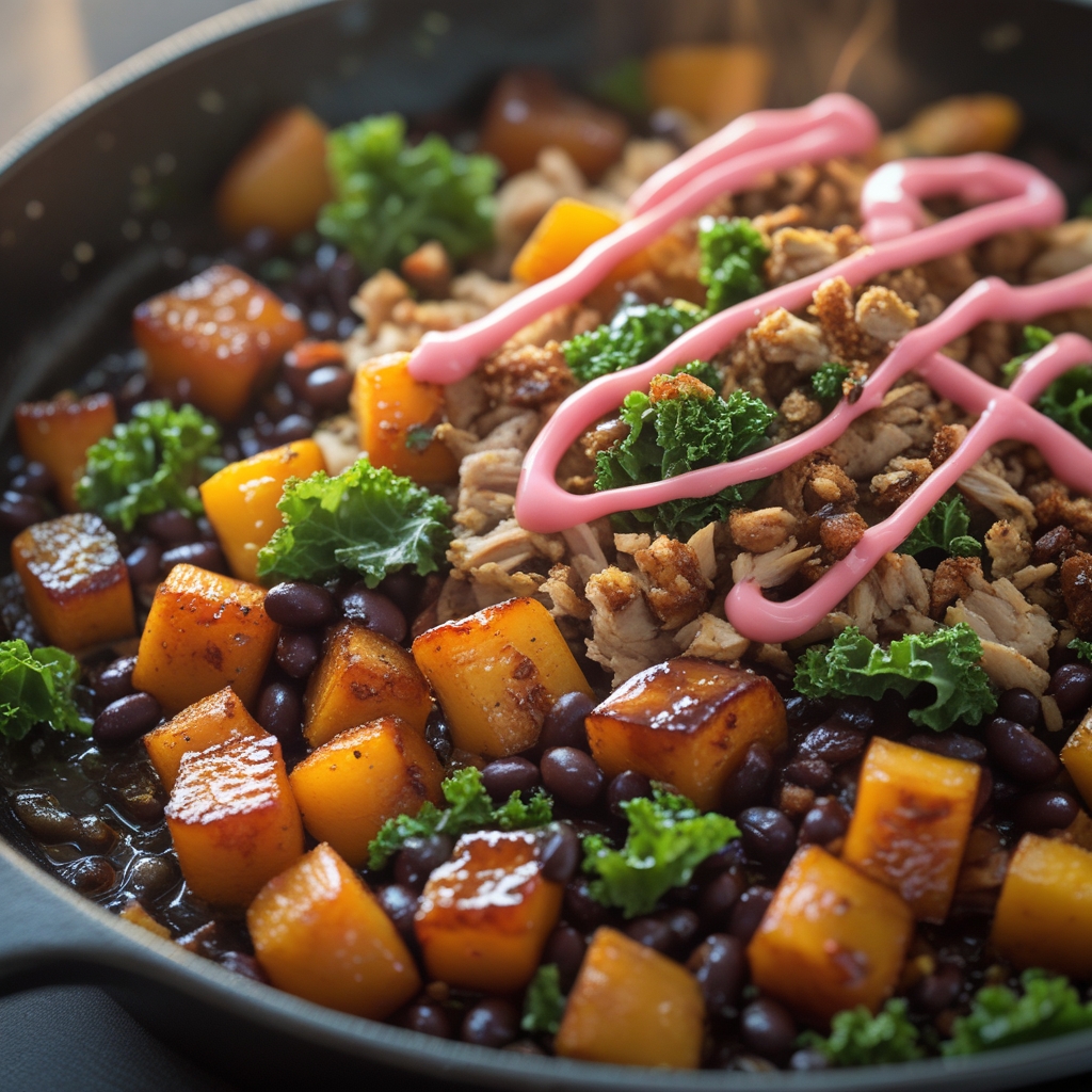 Korean Gochujang Turkey & Black Bean Skillet Hash with Crispy Kale + Kimchi Crema