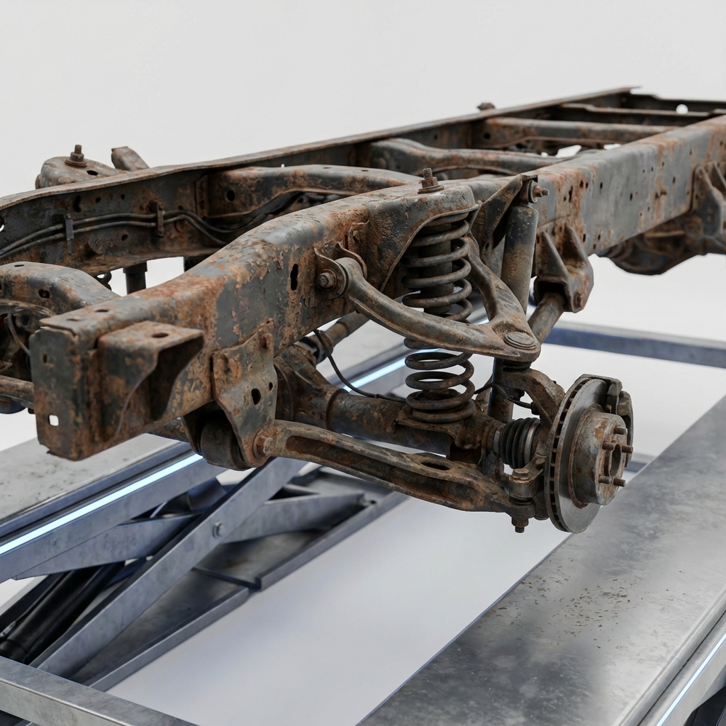Close up of truck undercarriage on lift showing frame rails suspension components and rust inspection areas for used ford ranger for sale clean white background minimal aesthetic