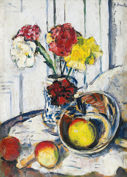 Still Life Of Apples And Flowers In A Blue Vase