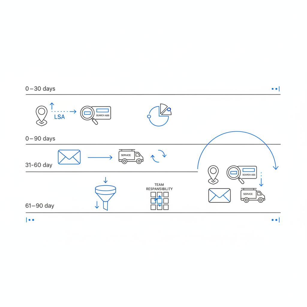 Minimal 2D vector flat-lay of a 0&ndash;90 day marketing timeline for local plumbing with icons for LSAs, search ads, mailers and service trucks on a white background &mdash; how to advertise a plumbing business locally