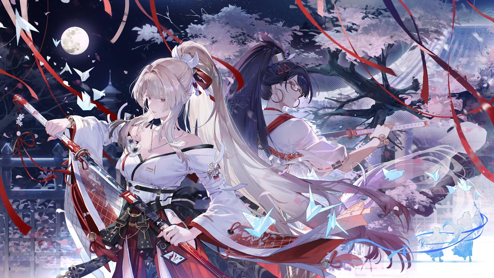 Anime Swordswomen Under Full Moon - Anime Digital Art 4K Wallpaper (4095x2304)