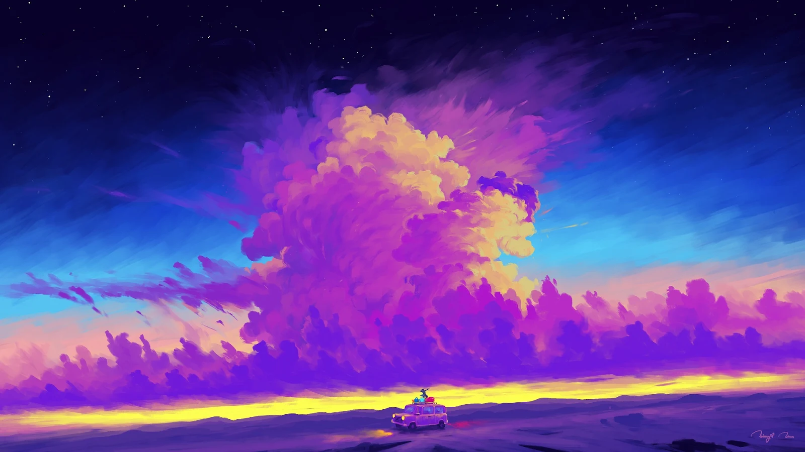 A Stunning Digital Painting, Clouds, Sky, Car, Landscape Full HD Desktop and Mobile Wallpaper Background (1920x1080)