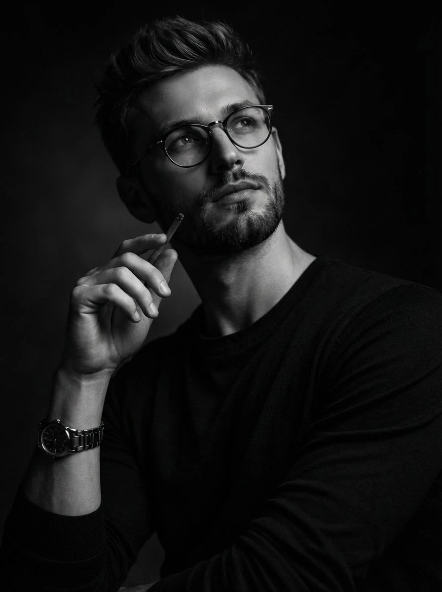 Un dramático retrato de estudio en blanco y negro de un hombre pensativo con el pelo corto peinado, barba incipiente y...