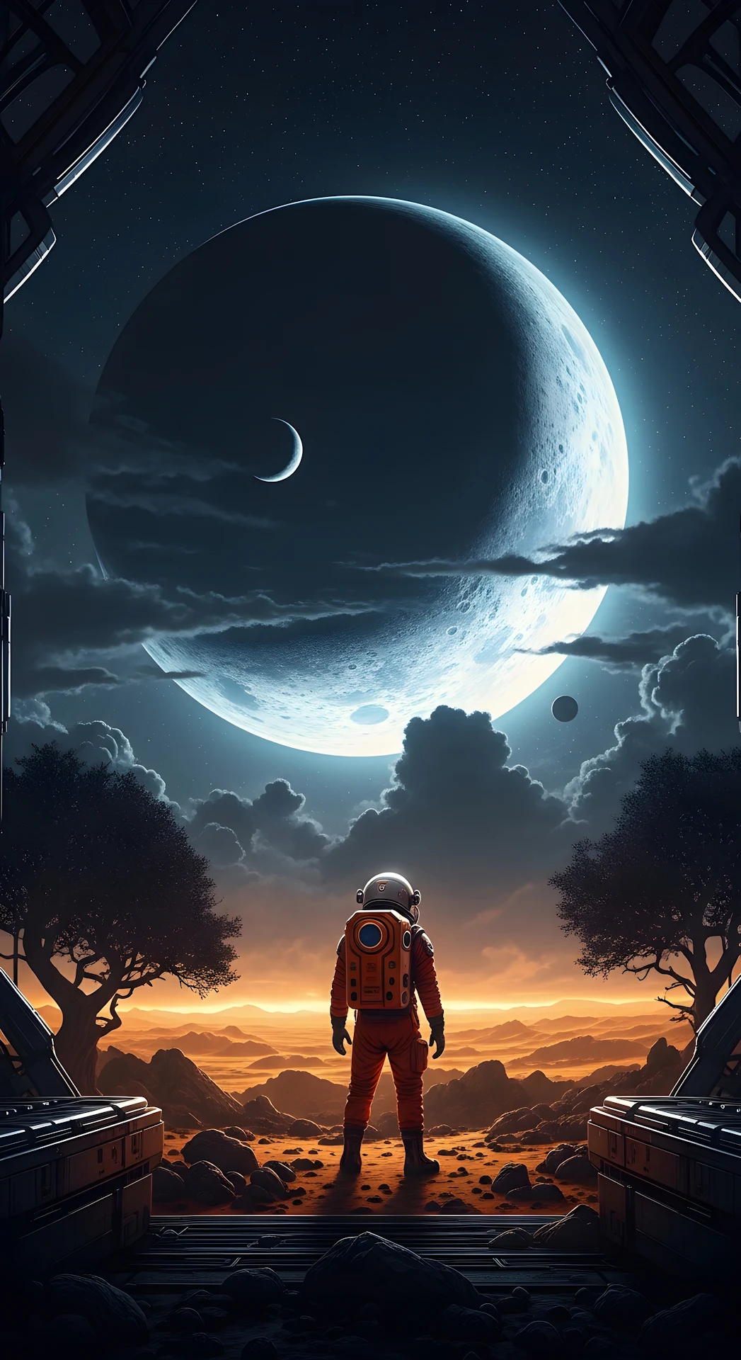 Astronaut Stares at Giant Moon on Alien World Exploration - Free 4K mobile Wallpaper