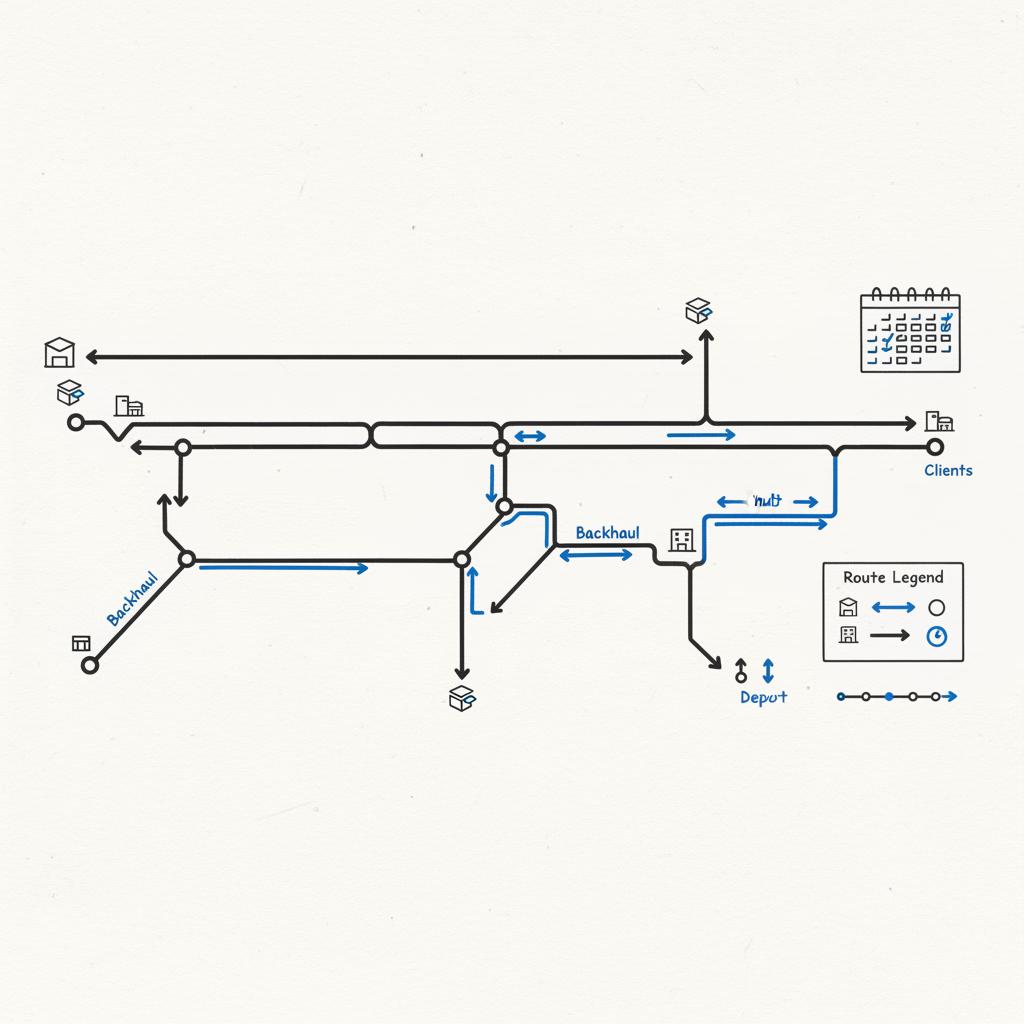 Vector notebook-style regional route map with backhaul arrows, warehouse and client icons, and a weekly calendar of runs to help owner-operators get work