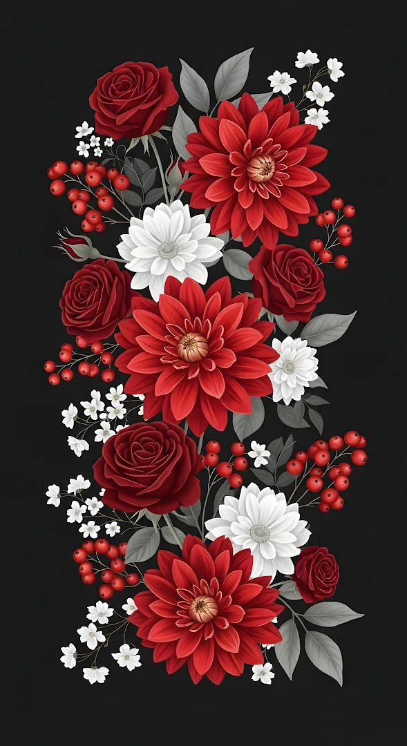 Elegant Red Dahlias Roses Floral Arrangement Black Backdrop