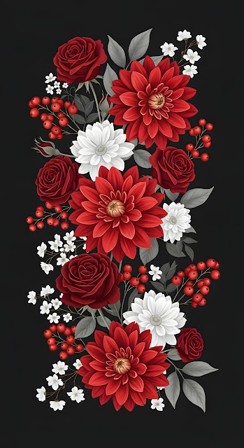 Elegant Red Dahlias Roses Floral Arrangement Black Backdrop - Free mobile Wallpaper