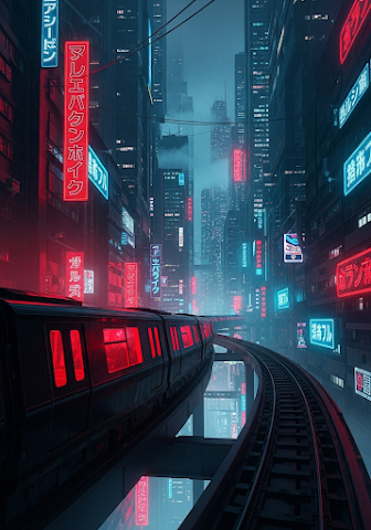 Cyberpunk City Elevated Train Red Neon Night