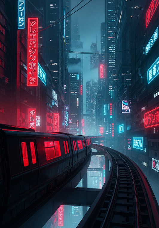 Cyberpunk City Elevated Train Red Neon Night