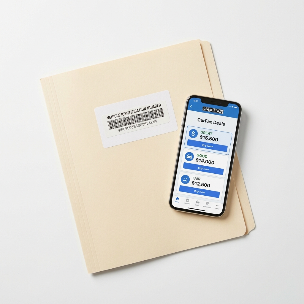 Close up of vehicle service record folder VIN sticker and smartphone showing pricing labels Great Good Fair with CarFax Deals blue accents KBB vs NADA